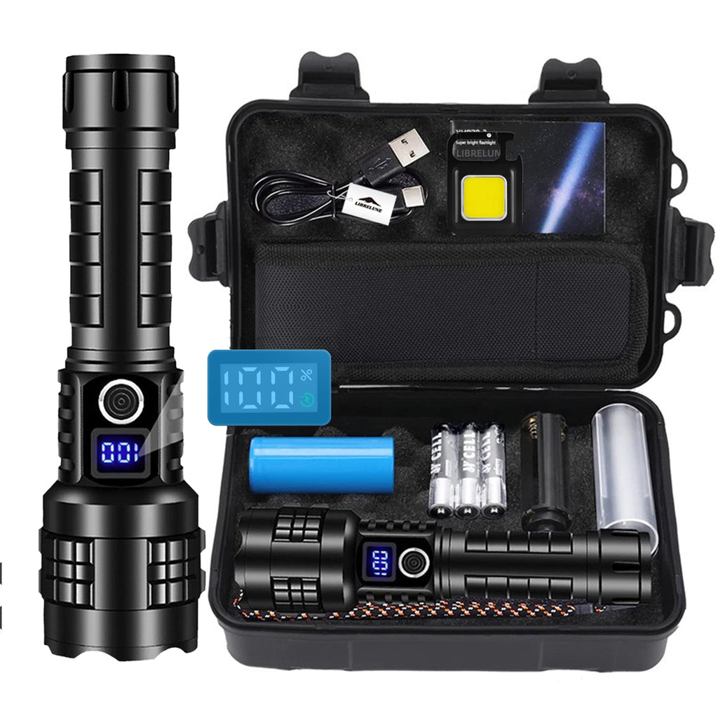 LIBRELUNE Lampe Torche LED Ultra Puissante 500000 Lumens Rechargeable USB-Torche Tactique 1500m de Portée,IP67 Étanche,5 Modes Pour Camping, Randonnée, Survie, Urgence [Classe énergétique A+++]