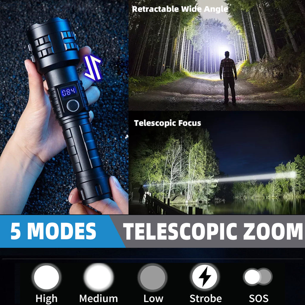 LIBRELUNE Lampe Torche LED Ultra Puissante 500000 Lumens Rechargeable USB-Torche Tactique 1500m de Portée,IP67 Étanche,5 Modes Pour Camping, Randonnée, Survie, Urgence [Classe énergétique A+++]