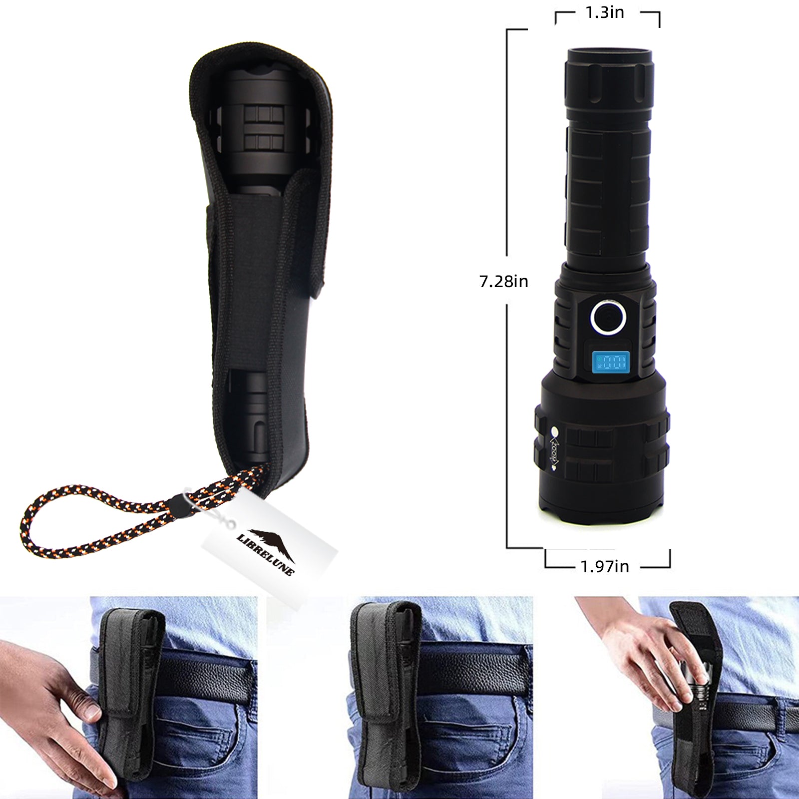 LIBRELUNE Lampe Torche LED Ultra Puissante 500000 Lumens Rechargeable USB-Torche Tactique 1500m de Portée,IP67 Étanche,5 Modes Pour Camping, Randonnée, Survie, Urgence [Classe énergétique A+++]