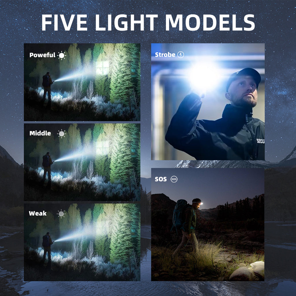 LIBRELUNE Lampe Torche LED Ultra Puissante 500000 Lumens Rechargeable USB-Torche Tactique 1500m de Portée,IP67 Étanche,5 Modes Pour Camping, Randonnée, Survie, Urgence [Classe énergétique A+++]