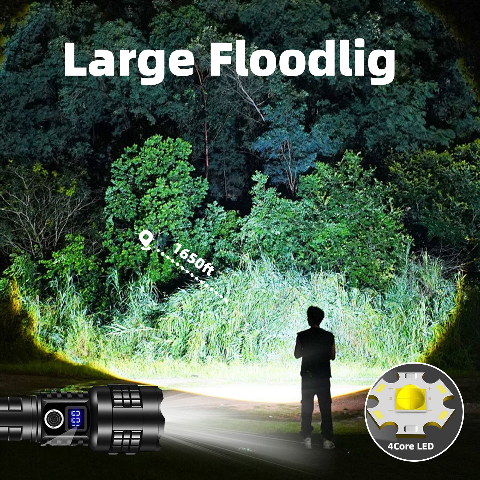 LIBRELUNE Lampe Torche LED Ultra Puissante 500000 Lumens Rechargeable USB-Torche Tactique 1500m de Portée,IP67 Étanche,5 Modes Pour Camping, Randonnée, Survie, Urgence [Classe énergétique A+++]